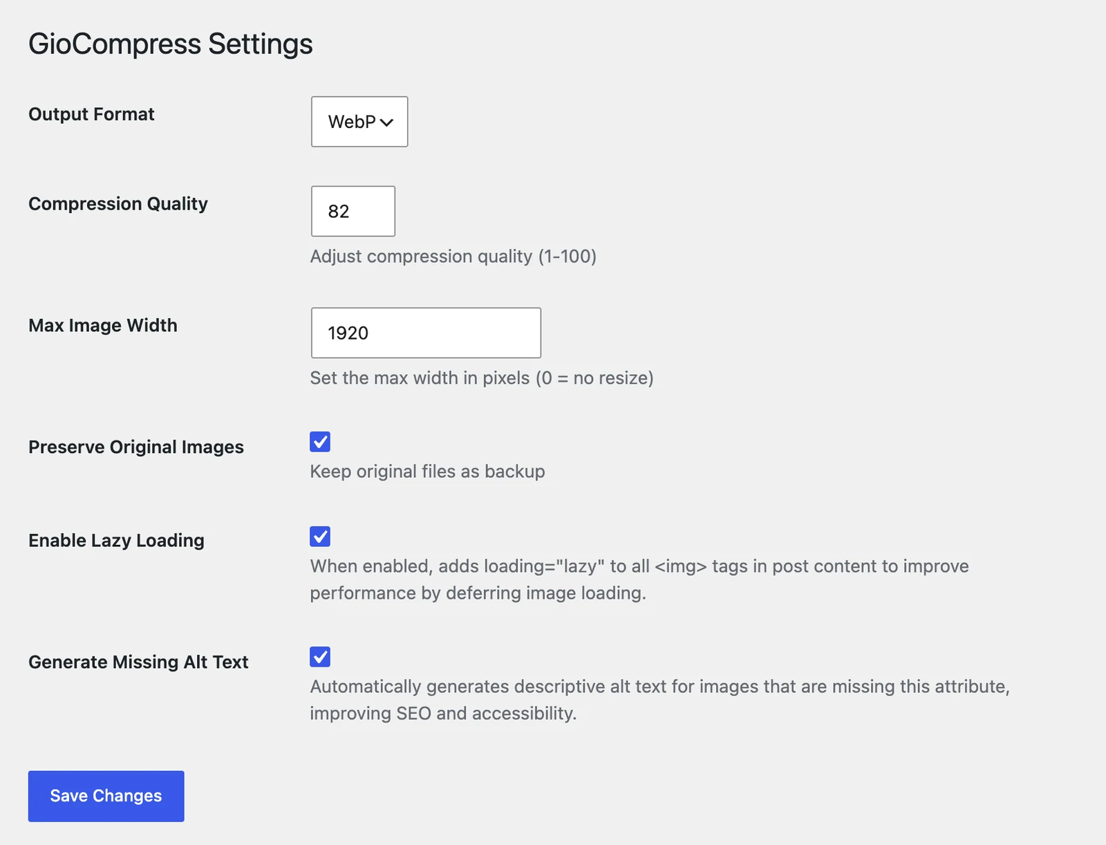 GioCompress → Settings with the Pro options: output format, compression quality, maximum width and original file backup.