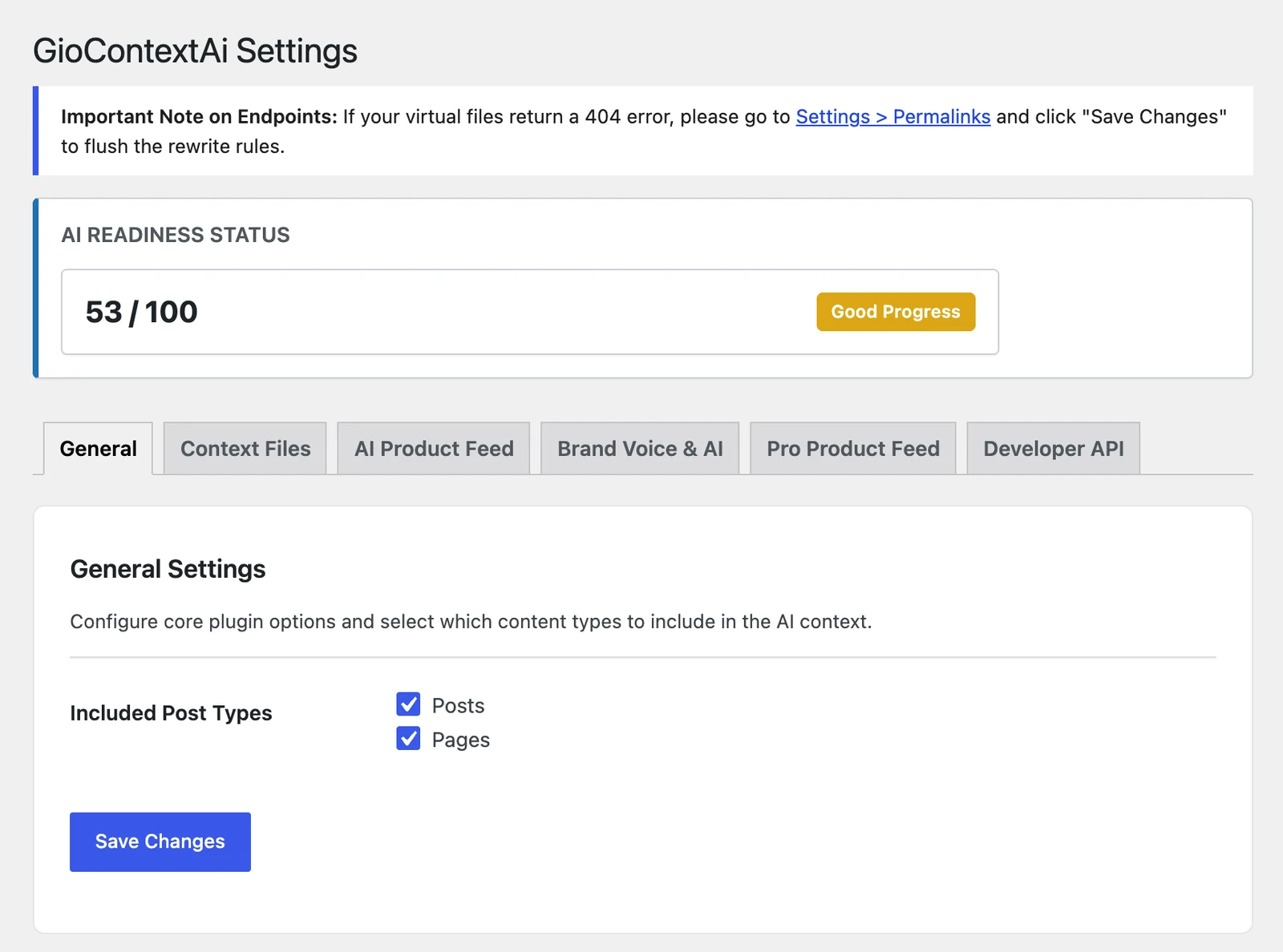 Settings → General: seleziona i tipi di contenuto inclusi nei file di contesto. Le schede Tono di voce e AI, Feed prodotti Pro e API per sviluppatori fanno parte di Pro.